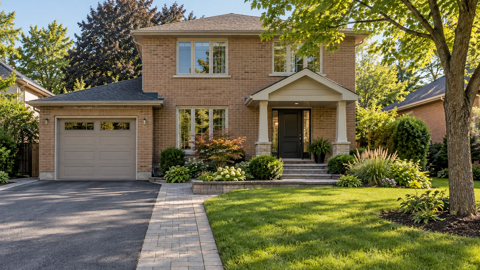 Front walk, lawn and planting at a medium tan-brick Burlington-style home