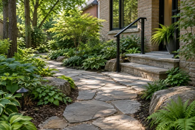 Natural-stone garden path leading to shallow railed steps in a shaded front garden.