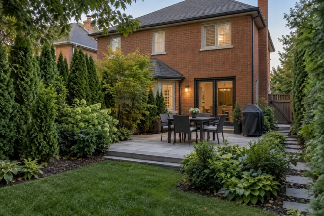 Compact patio screened by layered evergreen planting