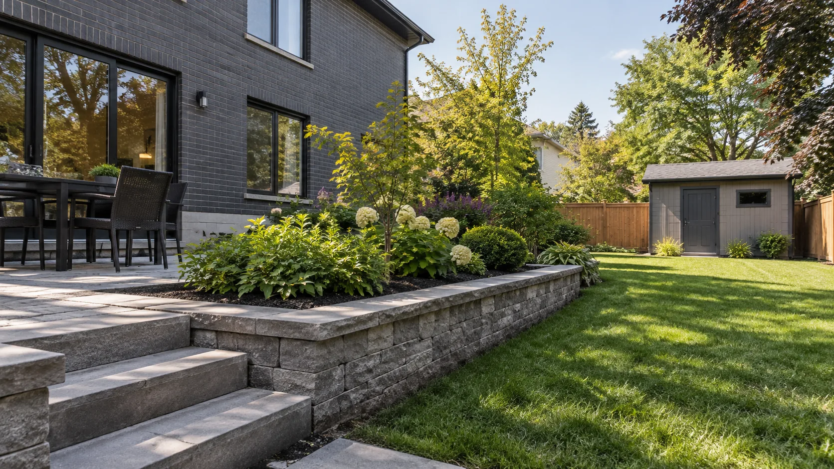 Low block wall retaining a planted terrace beside a patio and rear lawn