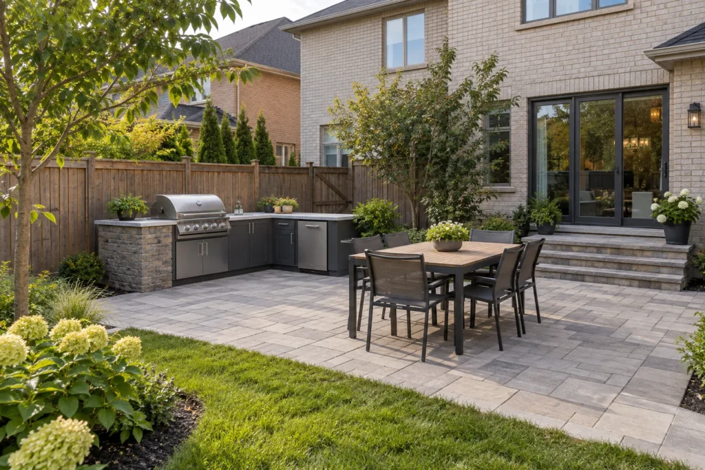 Outdoor grill and preparation cabinets beside a dining patio