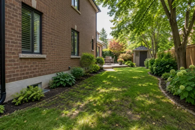 Shaded side lawn with thin patches beside a brown-brick house