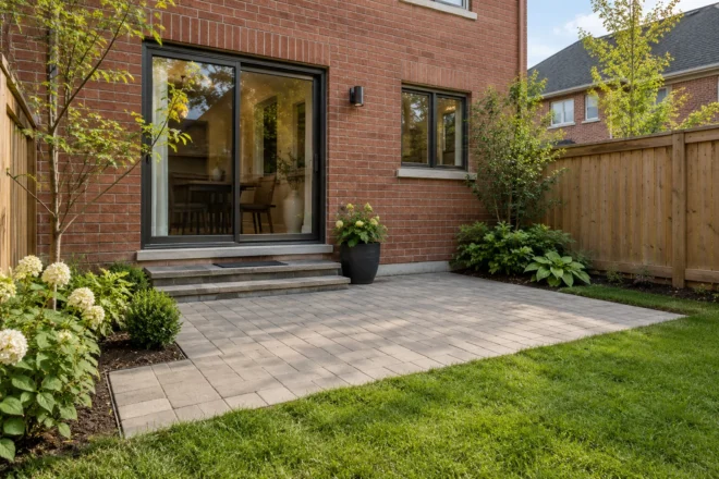 Small rectangular paver terrace beside a red-brick home, rear sliding doors and timber fence