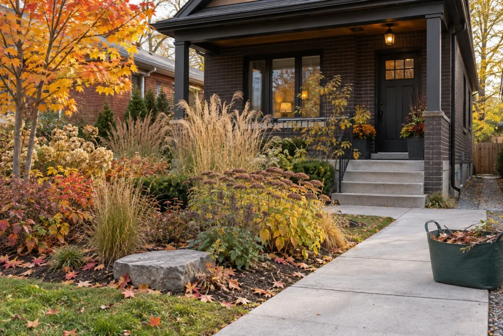 Autumn garden with standing seed heads and a clear entrance walkway