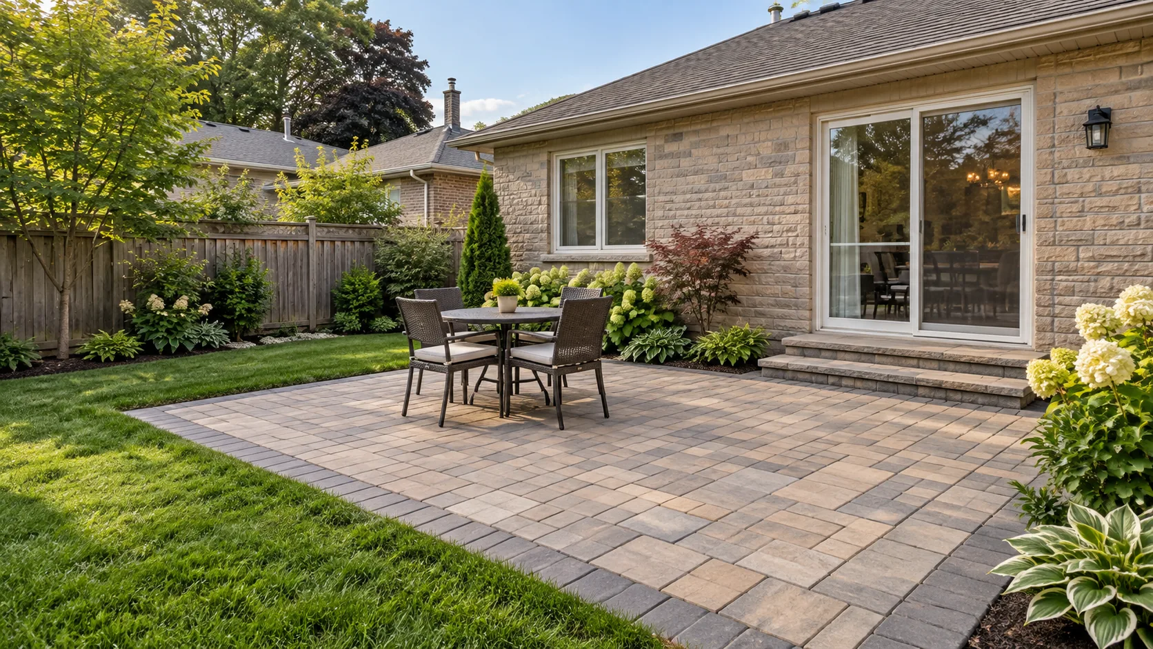 Maintained matte paver patio behind a stone-accent bungalow