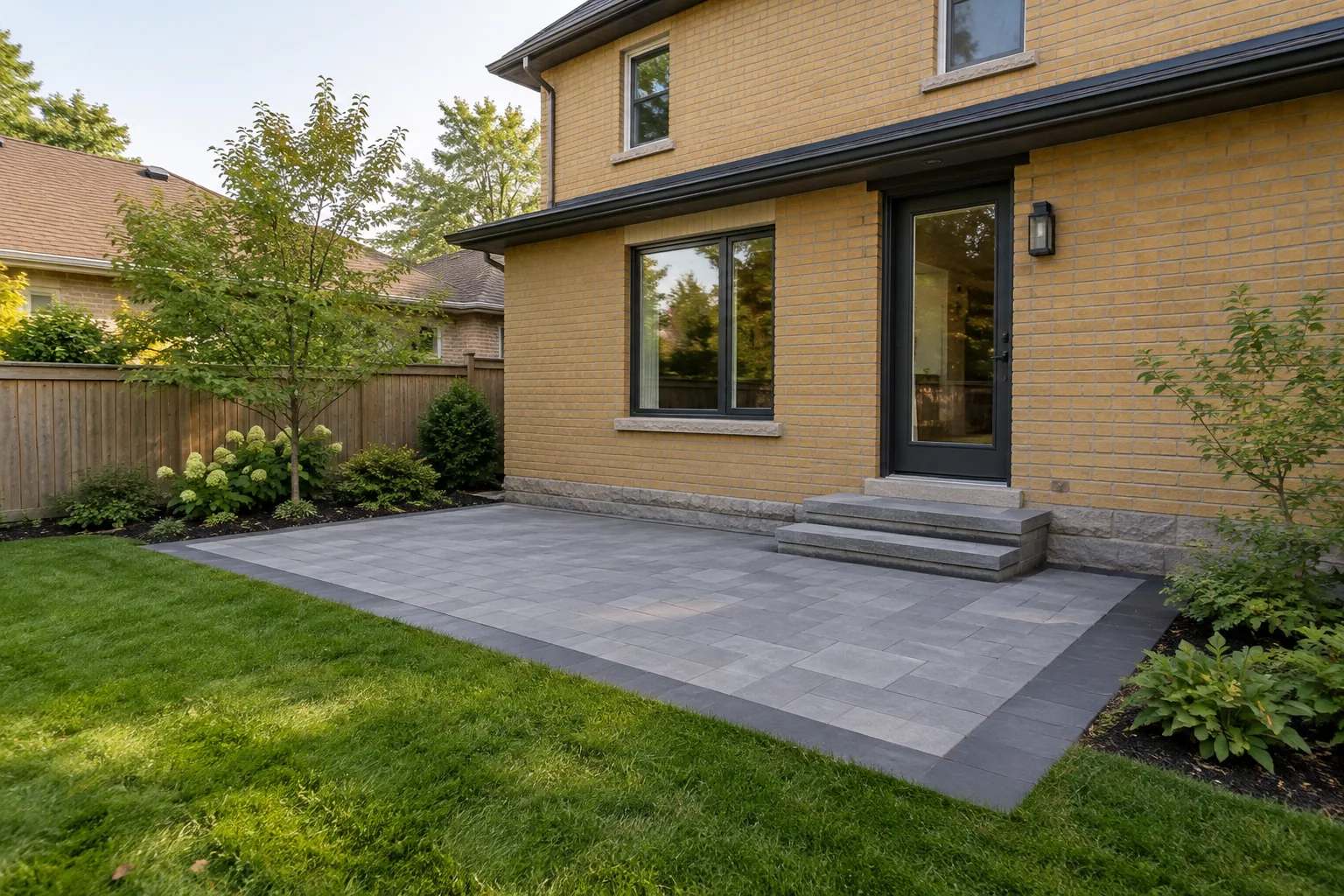 Precise residential paver terrace connected to lawn and a clear entrance transition