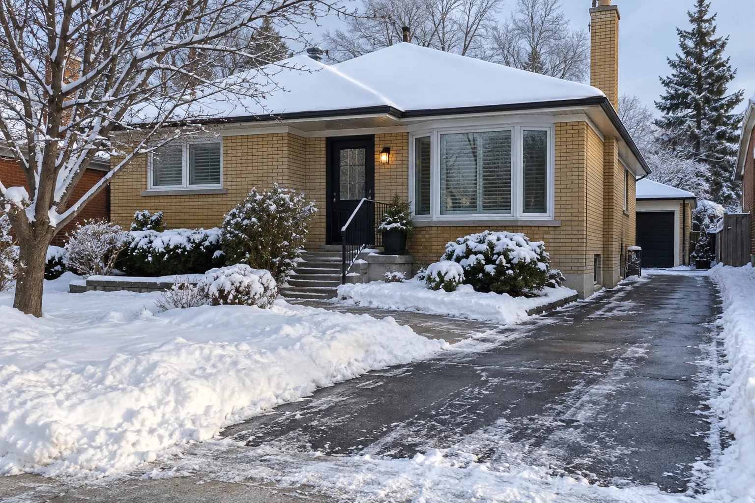 Snow-covered lawn beside a cleared residential driveway and front walk