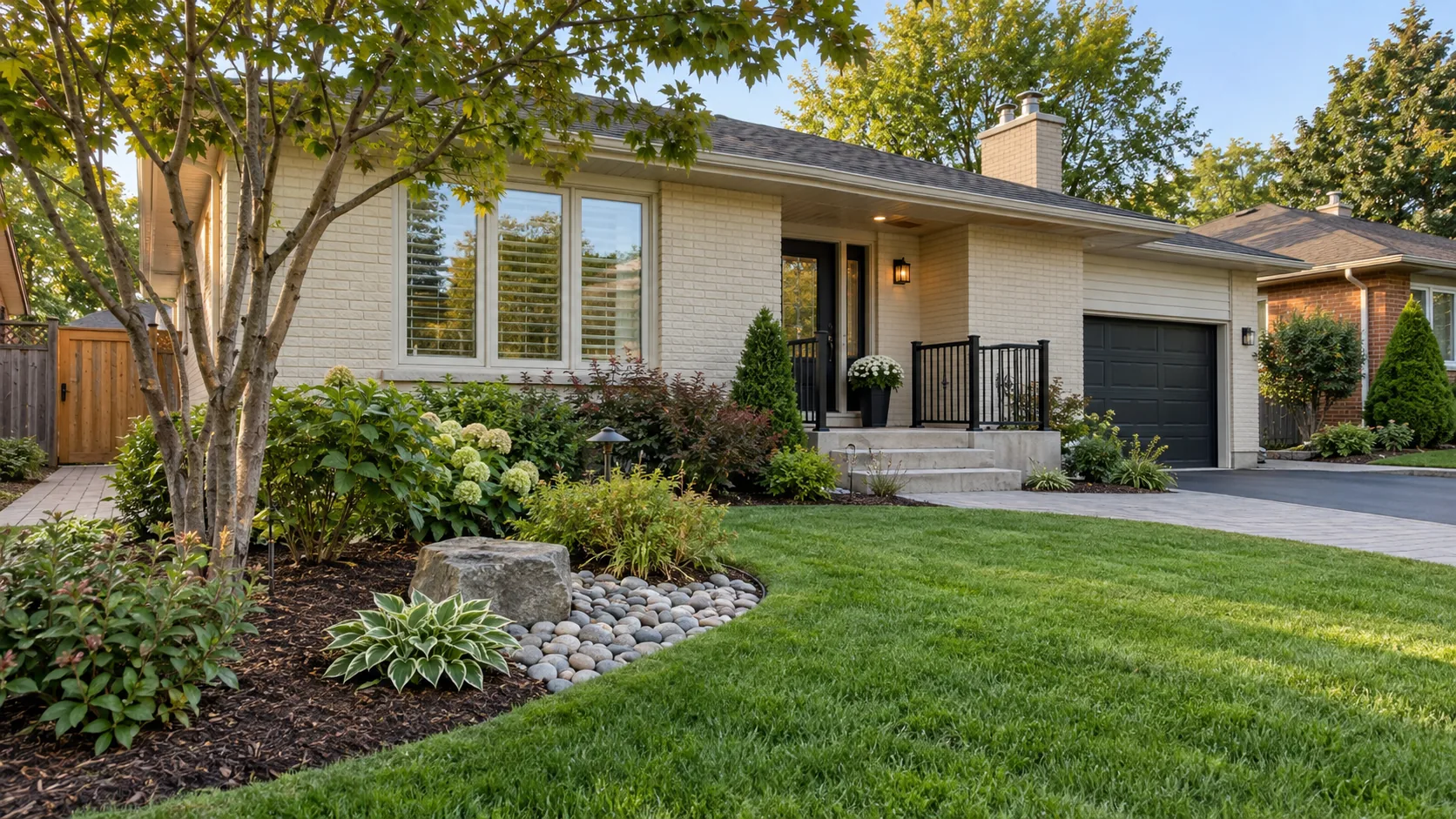 Residential bed with restrained mulch, a separate decorative-stone accent and crisp lawn edge
