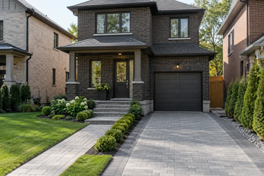 Grey paver driveway and separate front walk leading to a garage and porch at a dark-brick home