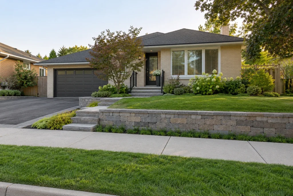 Finished low retaining wall holding an upper lawn beside a cream-brick bungalow