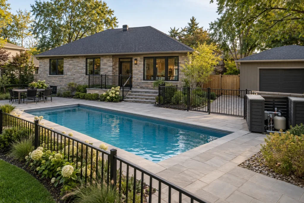 Rectangular pool with paved surroundings and a pool equipment enclosure