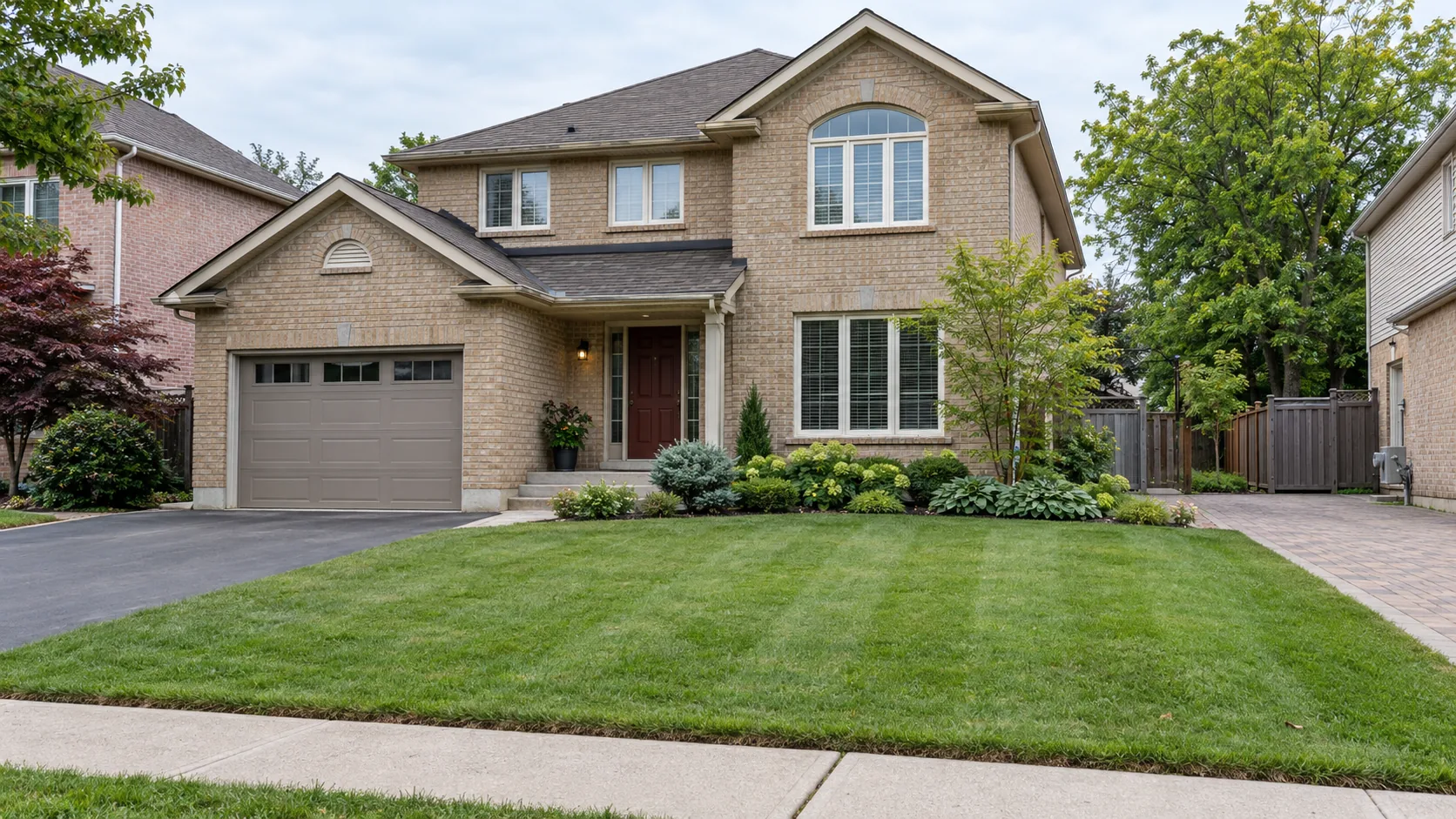 Maintained front lawn with neat edges outside a beige-brick detached house
