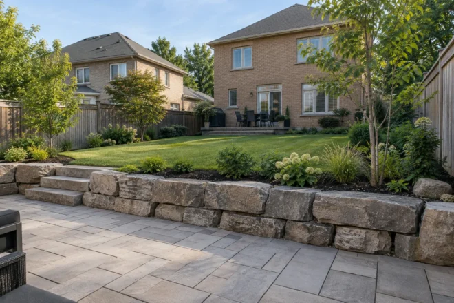 Low armour-stone terrace supporting a raised backyard lawn