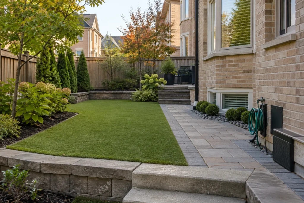 Synthetic pet-use lawn beside a clear paver path and hose point