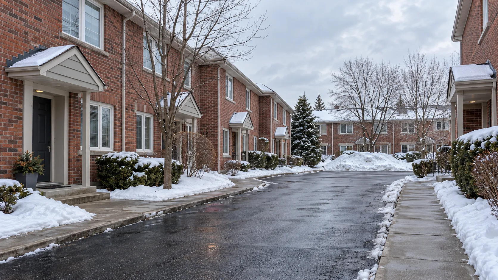 Managed townhouse property with cleared common drive, paths and sensible snow storage