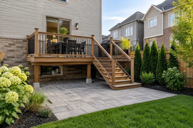 Townhouse rear deck with scale-appropriate steps
