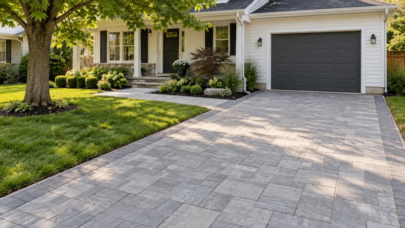 Stone and pavers linking front driveway, entrance and garden