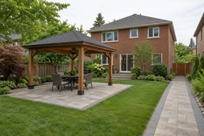 Cedar gazebo over a dining patio beside a clear path to the side gate