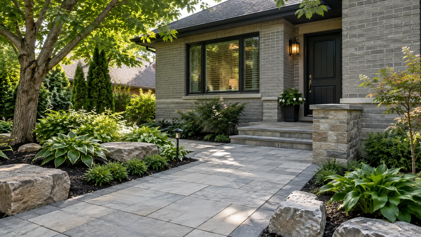 Stone and concrete-toned surfaces connected at a shaded bungalow entrance