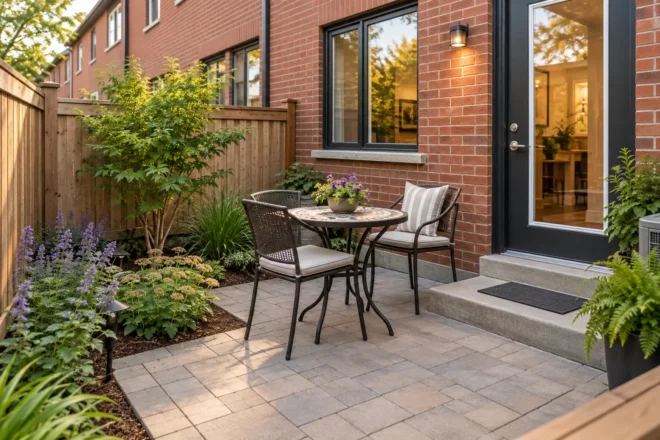Small townhouse patio framed by a compact mixed planting border