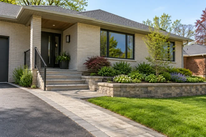 Low planted retaining wall beside entrance steps at a cream-brick bungalow