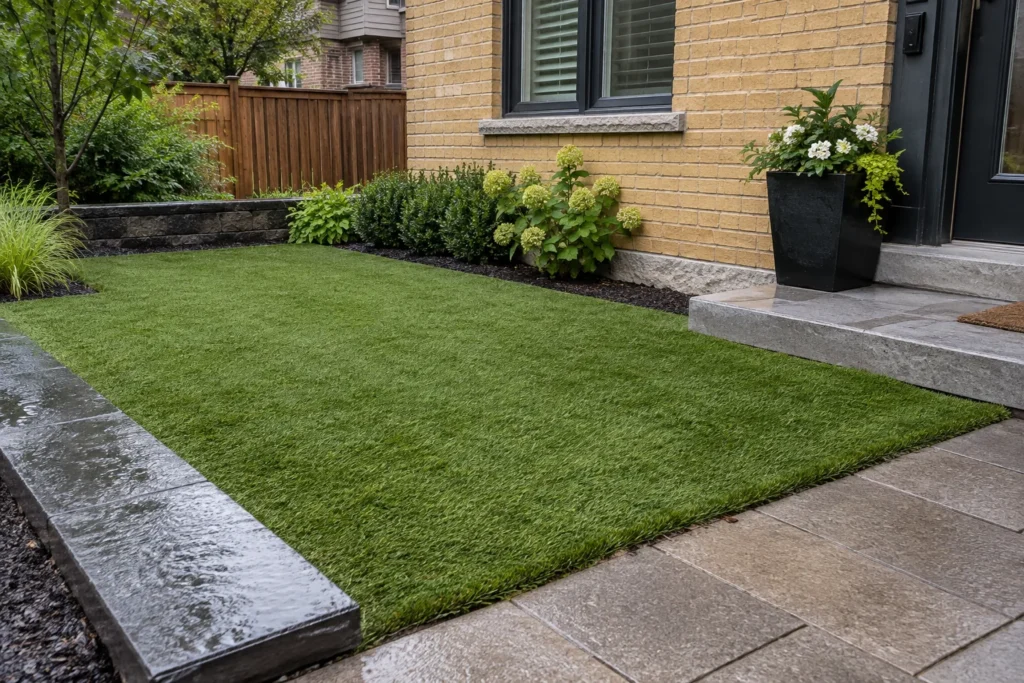 Rain-damp artificial lawn meeting a stone path at a yellow-brick home