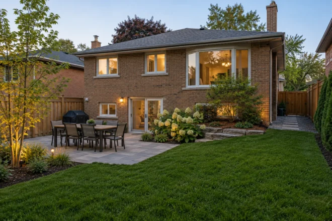 Compact dining terrace beside a gently sloped play lawn