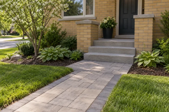 Short bordered paver walk and widened landing leading to steps at a yellow-brick front entrance