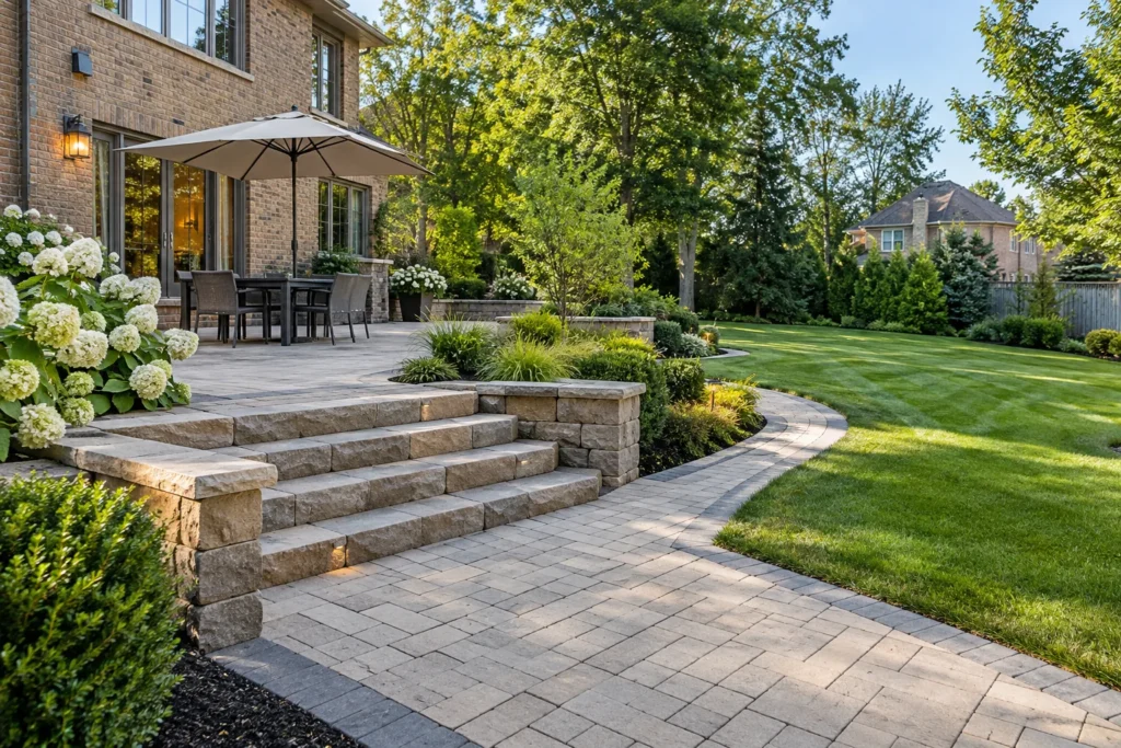 Stone steps and low walls connecting a terrace to a lawn path