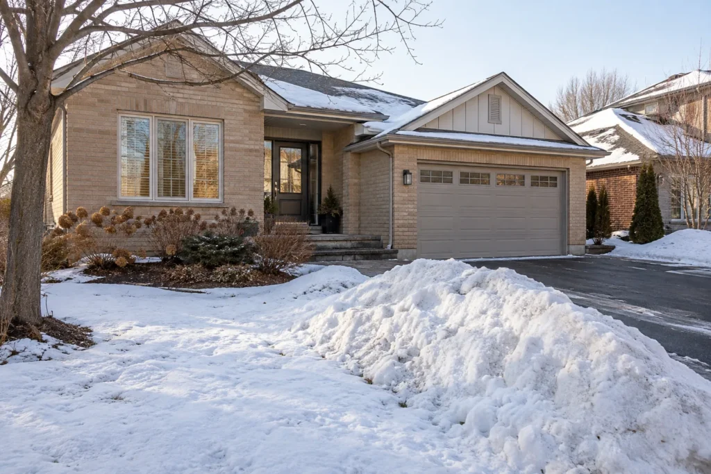 Snow stored on open front lawn apart from dormant shrubs near the house