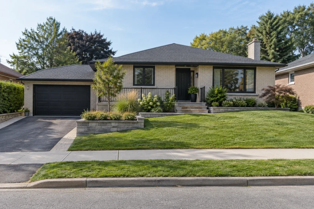 Narrow paver extension alongside a bungalow driveway behind an uninterrupted public sidewalk