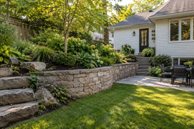 Stone retaining wall supporting a mature planted slope above a lawn and rear patio