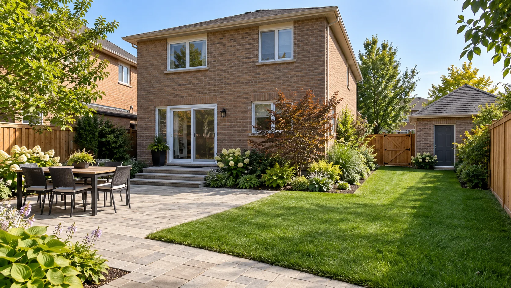 Paver terrace and rectangular lawn beside a brown-brick house with a clear route to rear storage