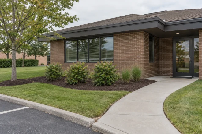 New shrubs and ornamental grasses beside a curving office entrance walk.