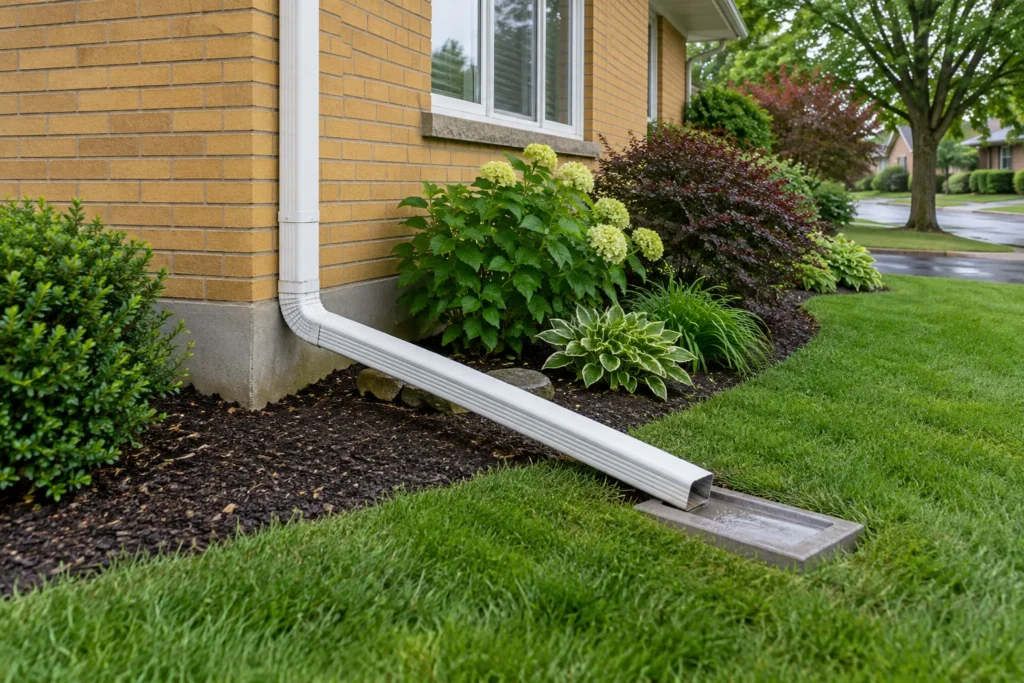 Downspout extension directing roof water to a lawn-side splash block