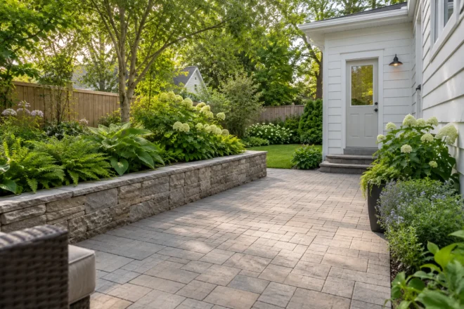 Grey paver courtyard beside a white-sided home and a low planted stone retaining wall