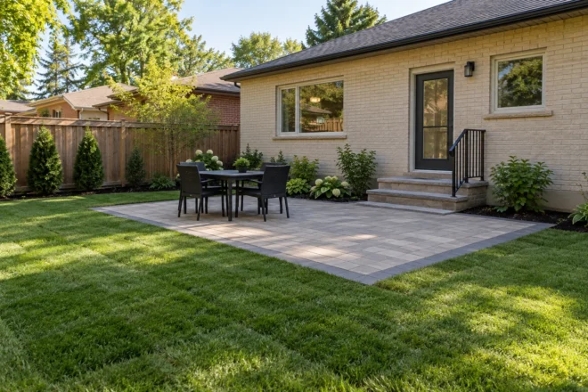 Fresh sod surrounds a completed paver patio behind a cream-brick bungalow