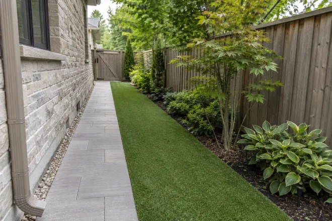 Shaded synthetic grass strip beside a stone-sided bungalow and access path