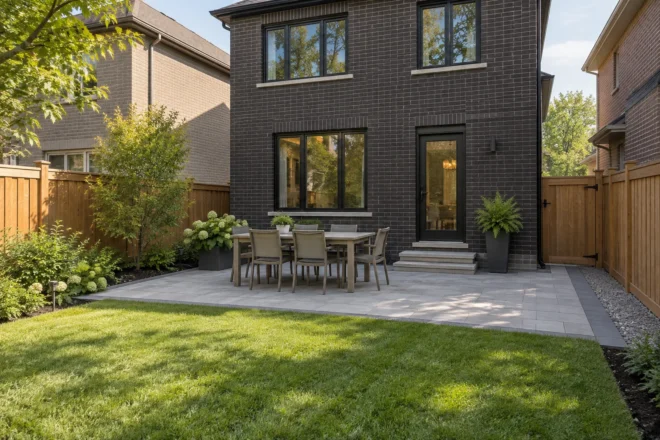 Family backyard lawn meeting a tidy patio behind a dark-brick home