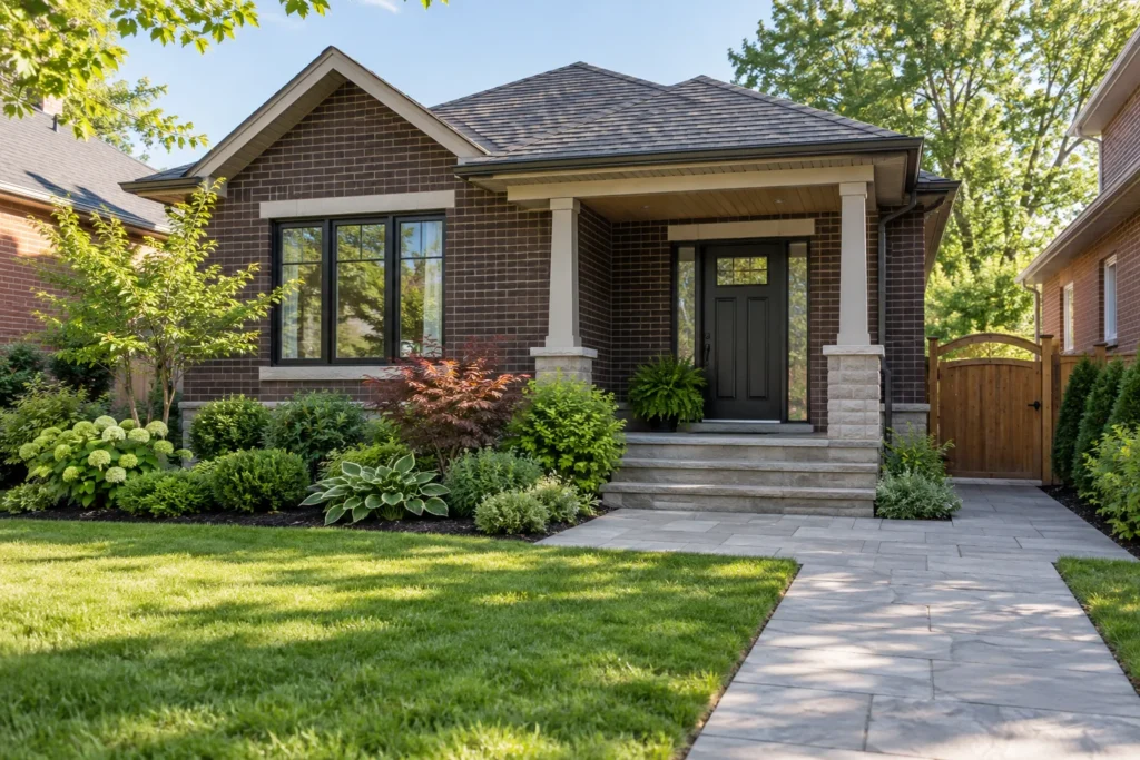 Maintained lawn and reachable garden edges around a small brick home's entrance