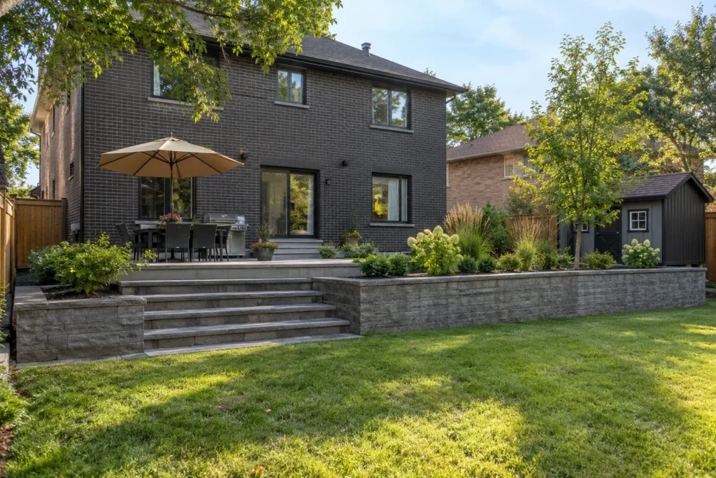 Sloping rear lawn below a retained patio terrace and garden steps