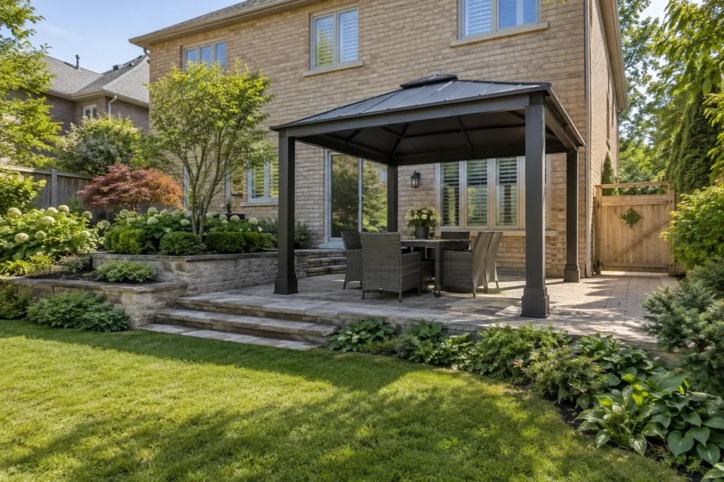 Gazebo placement preserving house, gate and garden access