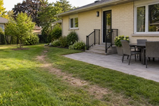 Worn grass route beside a small patio and cream-brick bungalow