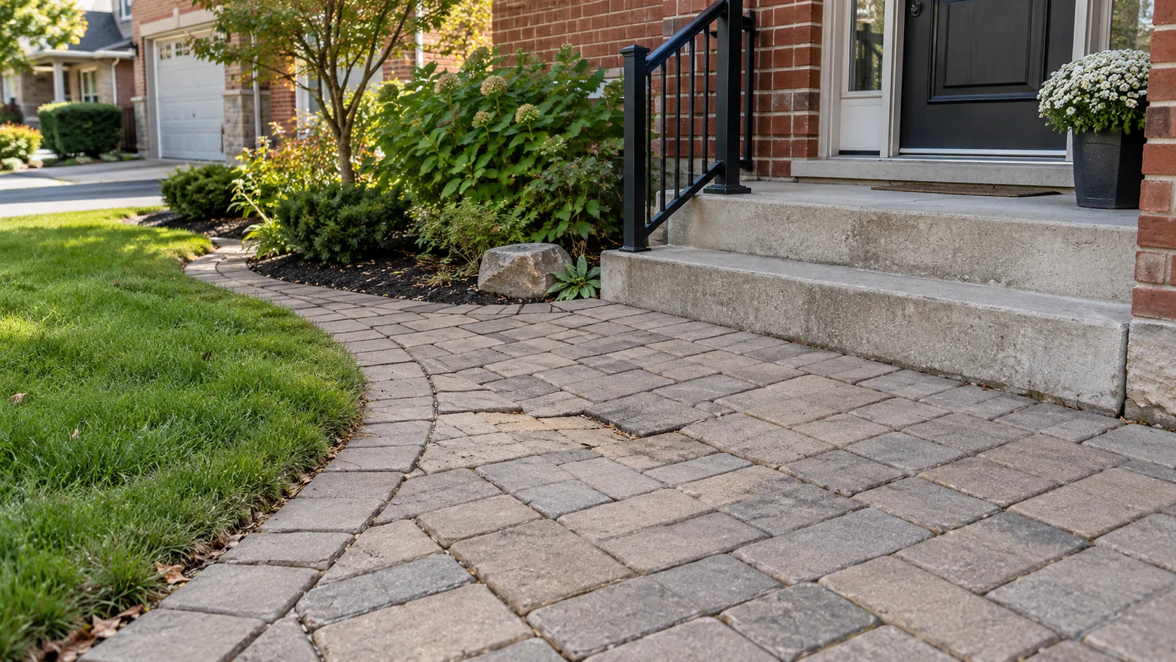 Uneven grey pavers in a front walkway beside concrete porch steps