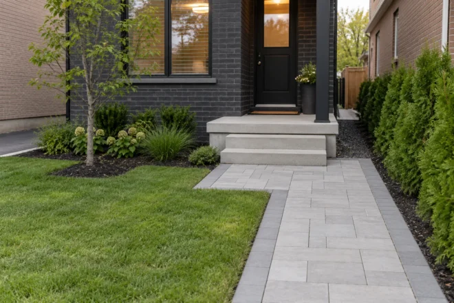 Bordered grey front path leading to concrete porch steps at a dark-brick house
