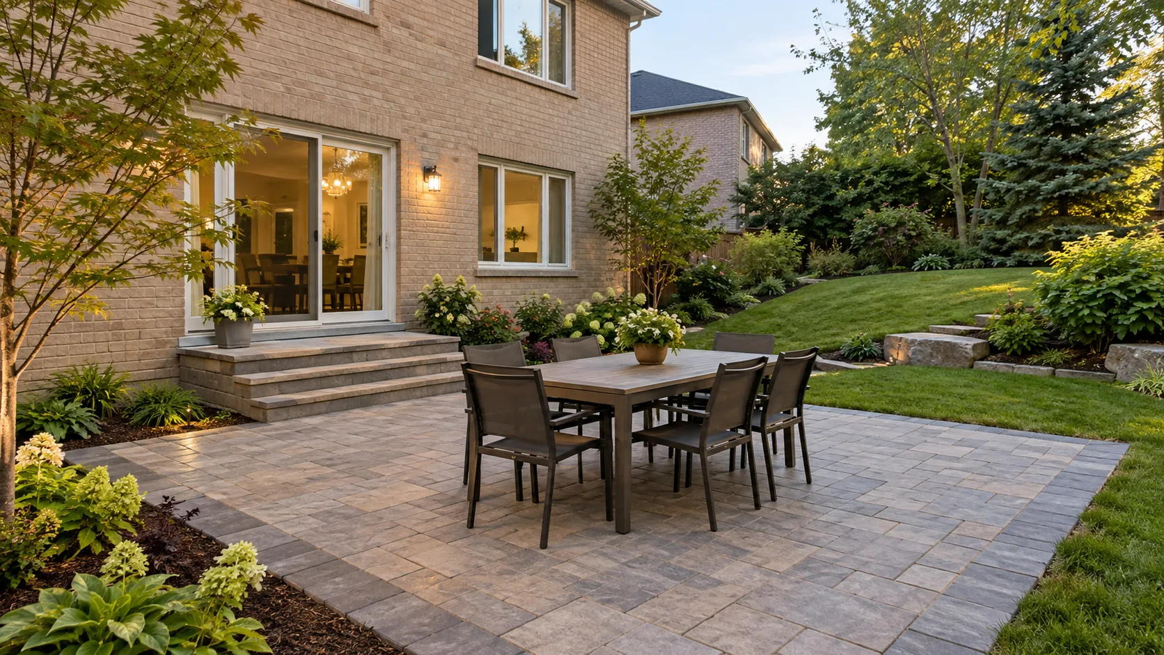 Realistically sized dining patio beside a medium detached house and useful garden