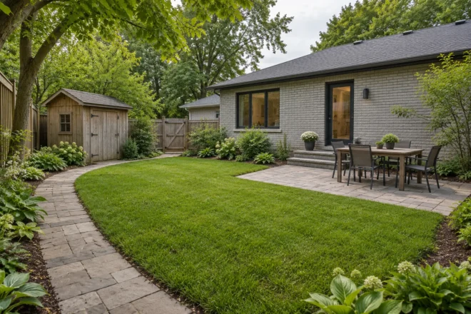 Separate dining terrace and clear stone care path to a backyard shed and gate