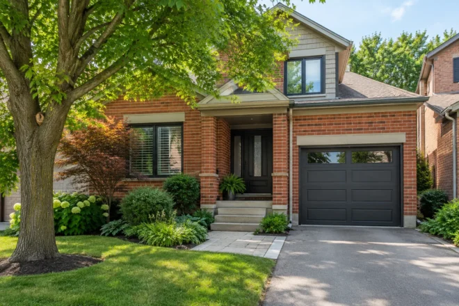 Compact red-brick home entrance with short paver walk and restrained planting