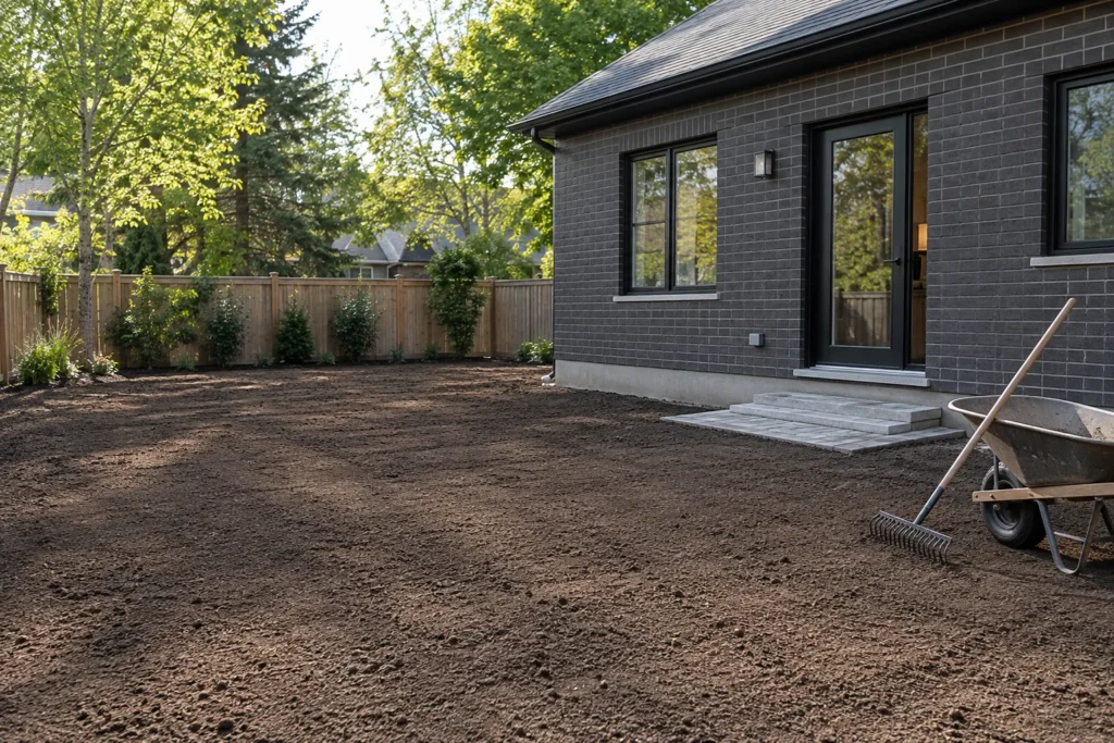Prepared soil beside a house entrance and paved surfaces