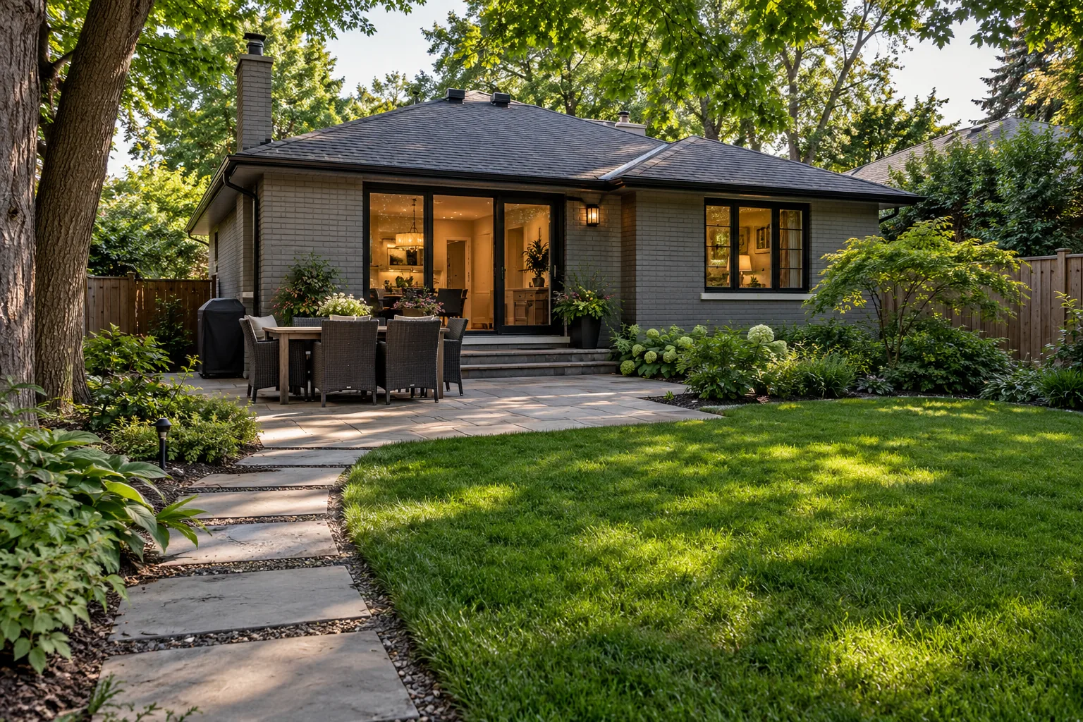Coordinated paver terrace, planted beds and lawn behind a shaded bungalow
